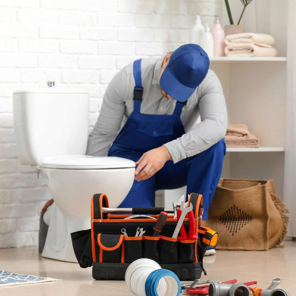 Plumber fixing toilet